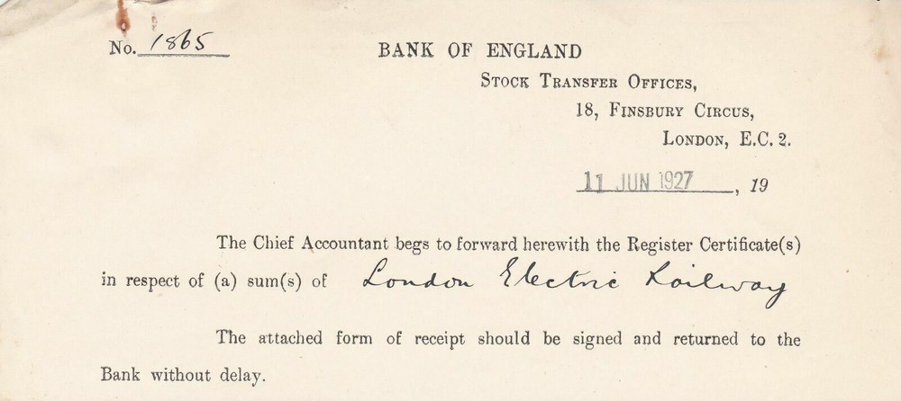 BANK OF ENGLAND, Stock Transfer Offices, London  1927 L.E.Railway Slip Ref 46279-image