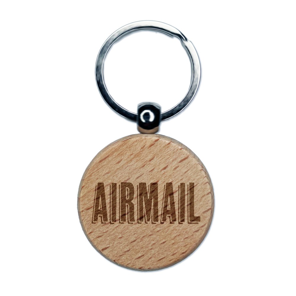 Airmail Fun Drop Shadow Text Engraved Wood Round Keychain Tag Charm