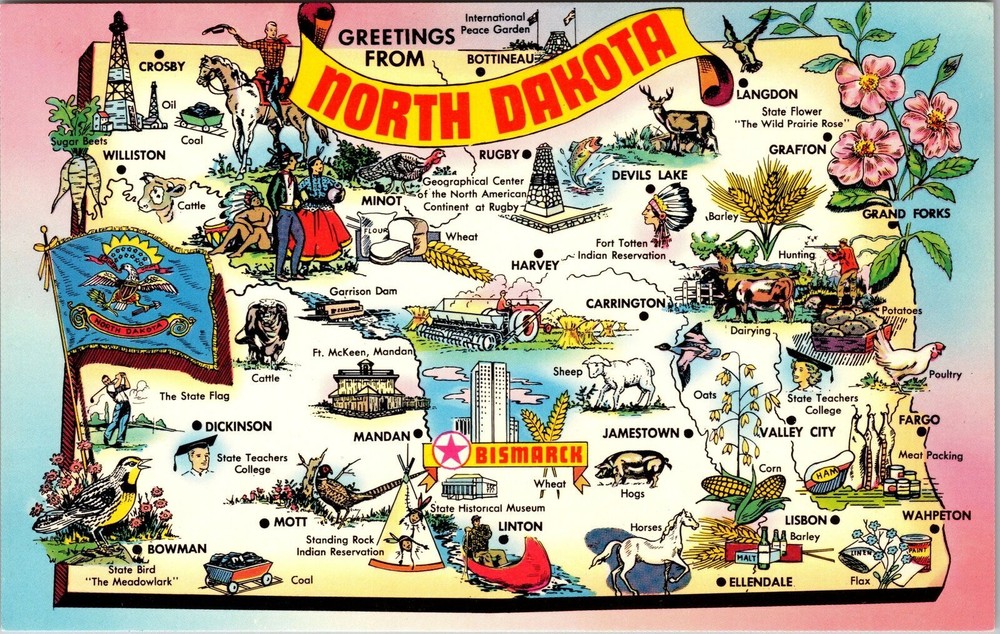 ND-North Dakota, Map Landmarks Greetings, Vintage Postcard