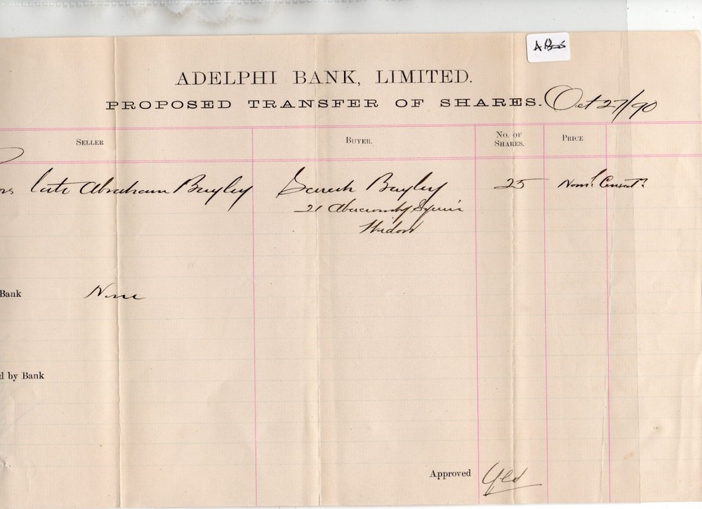 Adelphi Bank - (AB05 ) proposed  share transfer -  Oct 1890-image