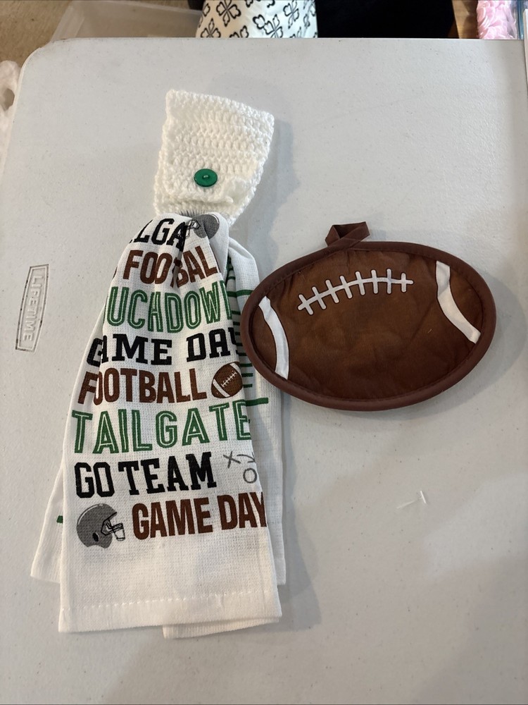 Crocheted Hanging Kitchen Towel With Matching Pot Holder Football Theme