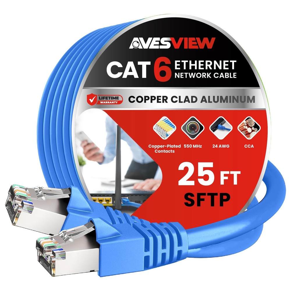25FT CAT6 Shielded Ethernet Cable SFTP 10Gbps High-Speed Indoor Snagless Network Cable