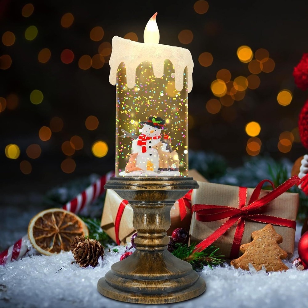Christmas Flameless Candles, Flickering Candles with Timer, Snowman