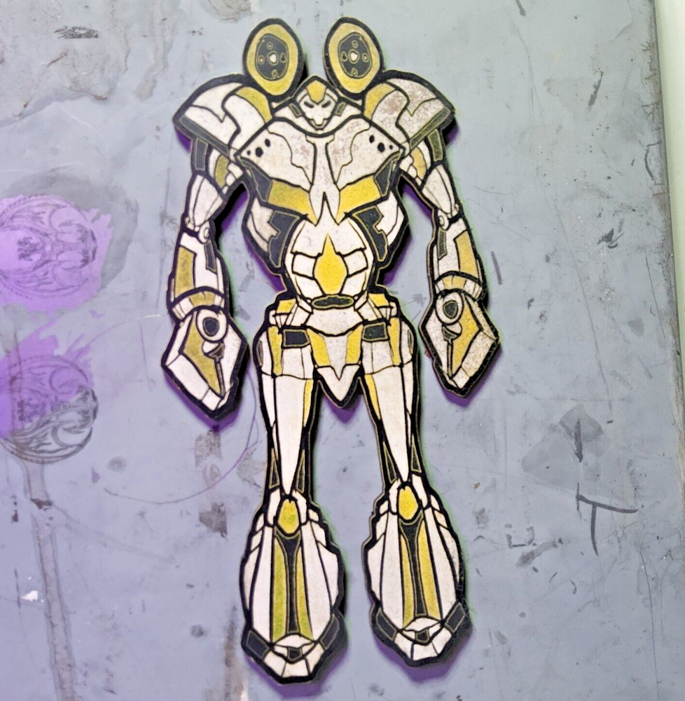 Laser engraved cut retro robot warrior wooden digital art print magnet 5x10