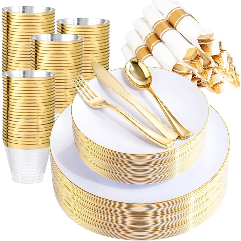 140Pcs Gold Rim White Plastic Plates Disposable Elegant Dinnerware Set