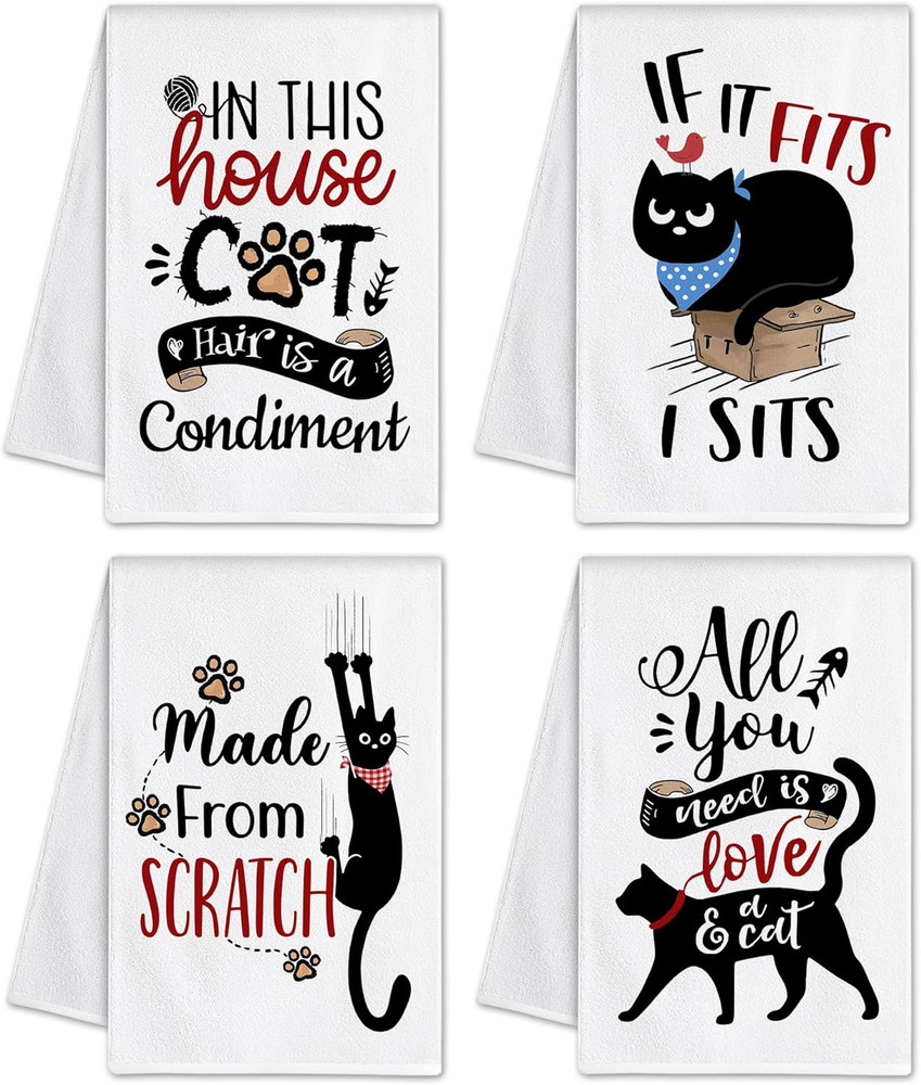 Cat Kitchen Towels Set of 4, Cat Lover Gifts for Mom Women, Cute Funny Dish Tea