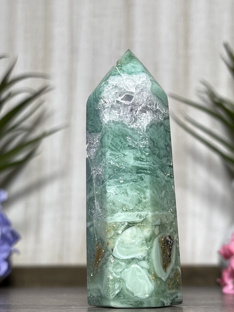 Silk Mint Green Phantom Fluorite Tower with Brecciated Mineral for Chakra Healing and Witchcraft-image