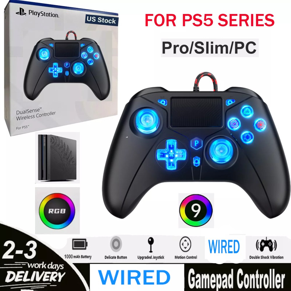 For Sony DualSense Wired PS5 Controller for Playstation 4/5 Black RGB Color