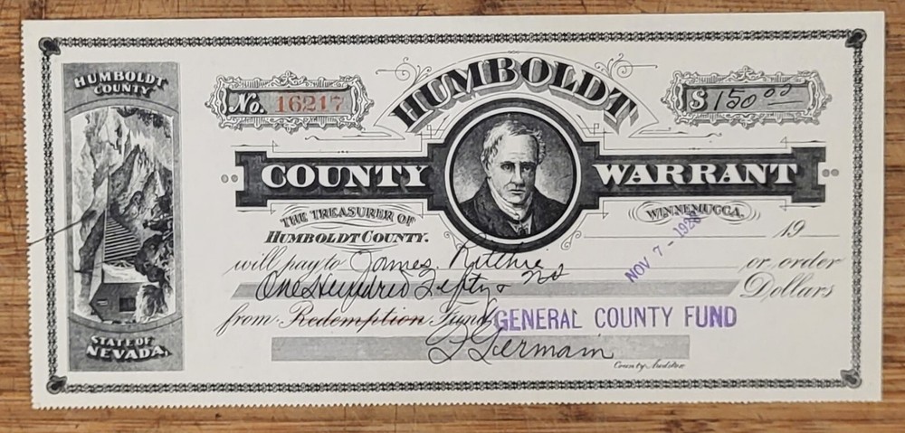 Nevada Humboldt County Bank Check Warrant-image