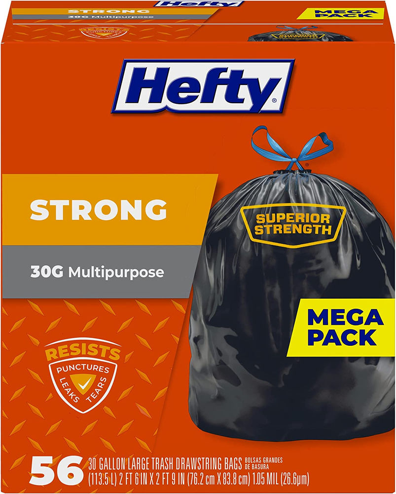 Plastic Material Strong Large Size Trash Bags 30 Gallon 56 Count Color Black New