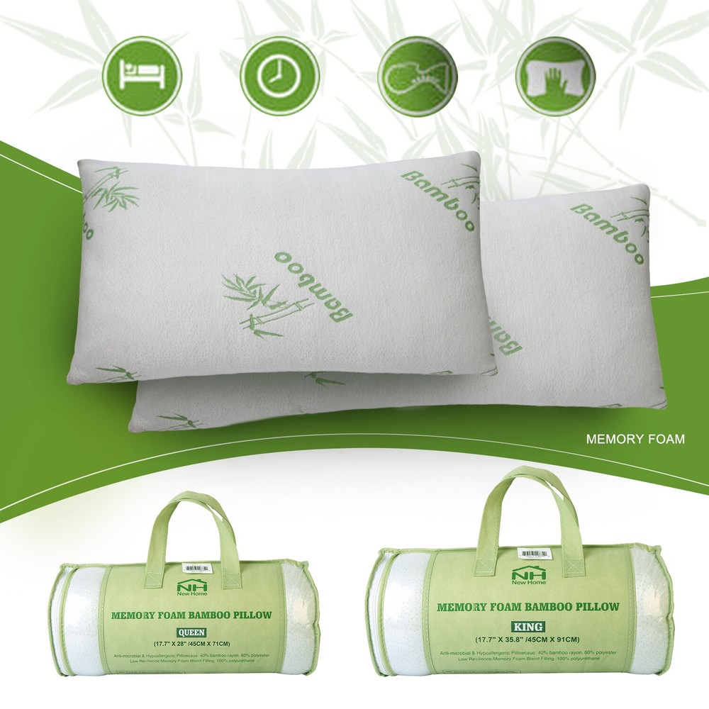 Bamboo Memory Foam Shredded Pillow Hypoallergenic Washable Cover Queen Size