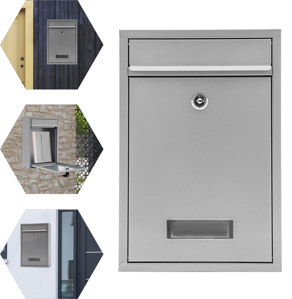 Wall Mounted Stainless Steel Mail Letter Post Box Outdoor Lockable Mailbox+2Keys