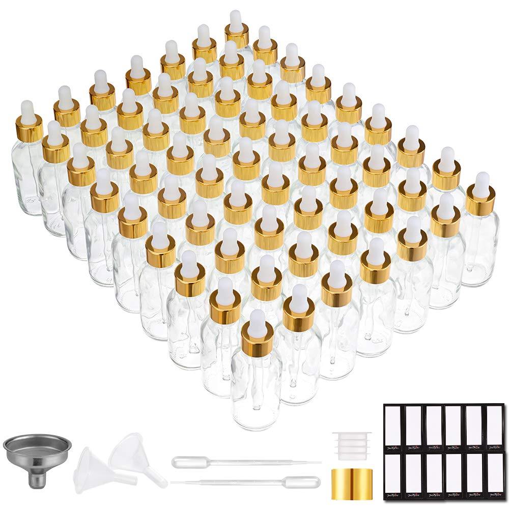 Eye Dropper Bottle 2 Oz (63 Pack Clear Glass Bottles 60Ml with Golden Caps, 2 Ex