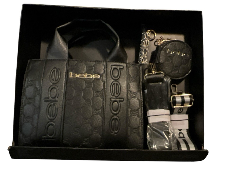 Bebe Black Mini Quilted Crossbody Purse with Gold Chain & Key Coin Purse  