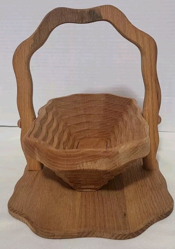 Hand Crafted Wooden Fruit Vegetable Basket Brown Collapsible Folding Handle