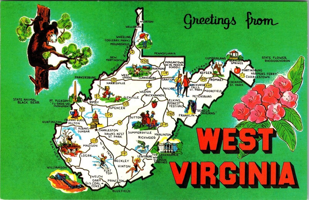 WV-West Virginia, Scenic Map Greetings, Landmark Vintage Postcard
