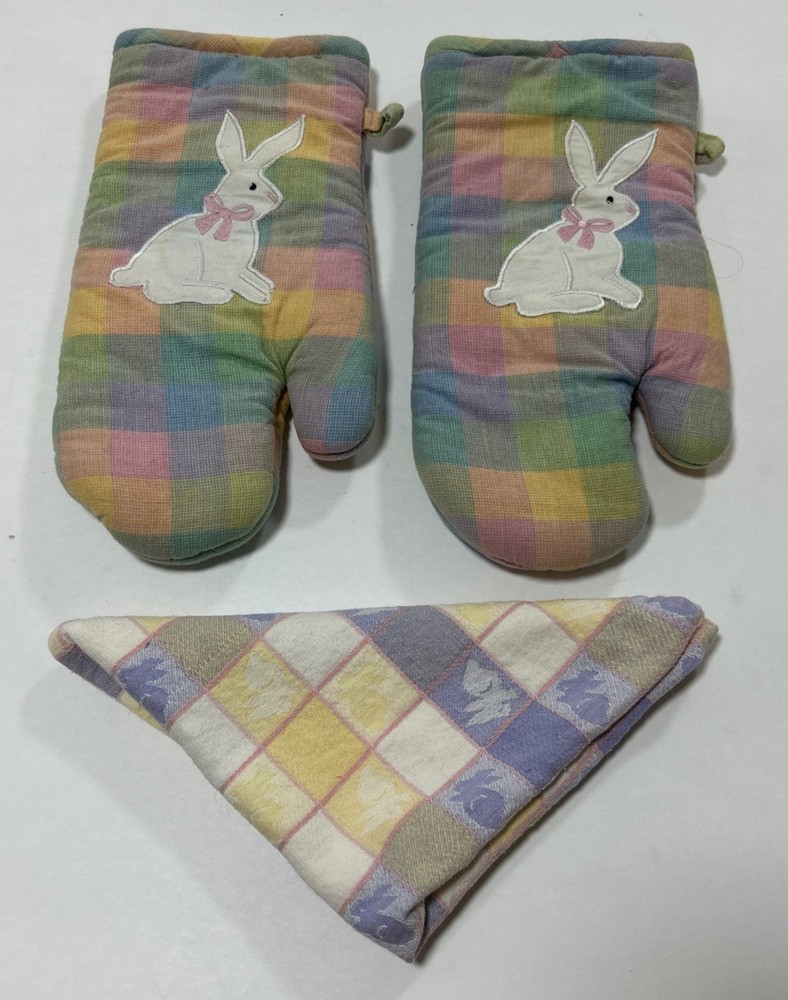 Vintage Easter Bunny 3 Pc Kitchen Set Oven Mitts Dish Towel Spring Pastel Plaid
