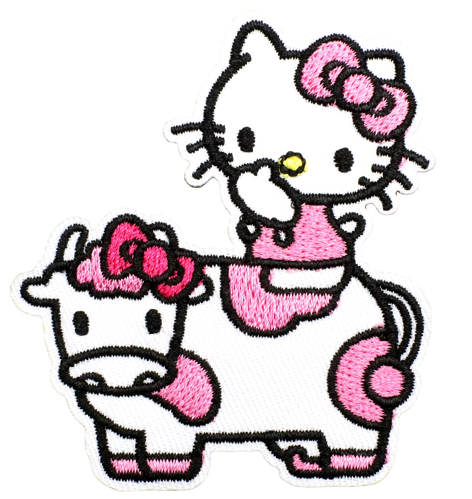 HELLO KITTY with Pink Cow & Bow - Iron-On Embroidered Patch