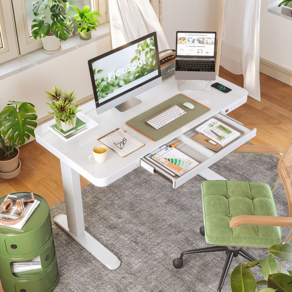 FLEXISPOT Comhar Electric Pure Glass Standing Desk with Drawer Desktop & USB