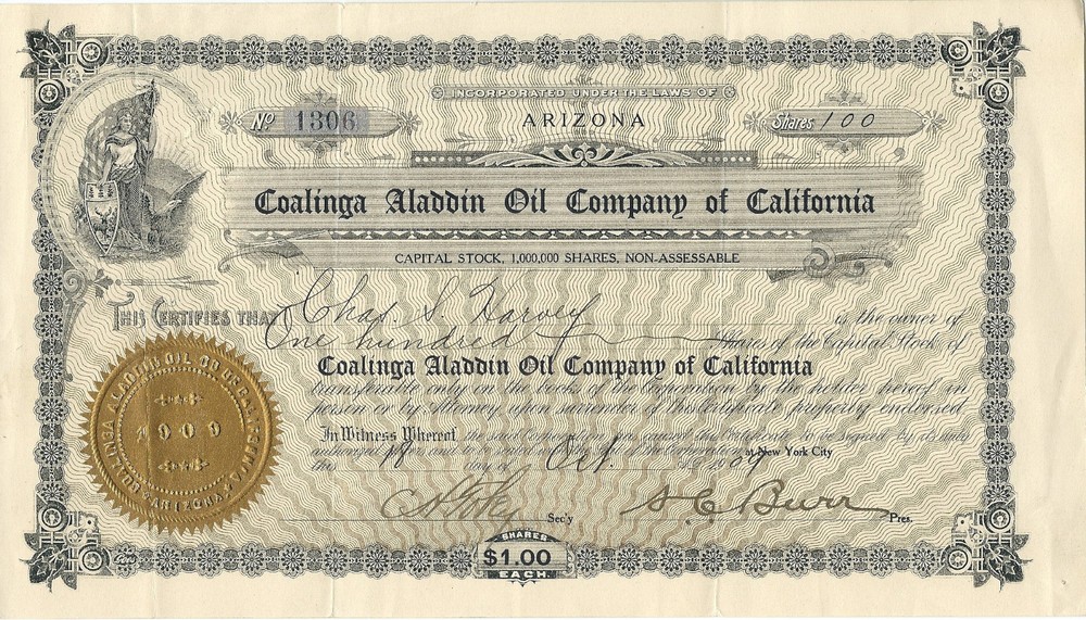 1909, Coalinga Aladdin Oil Company of California  Stock Certificate FAMOUS FRAUD