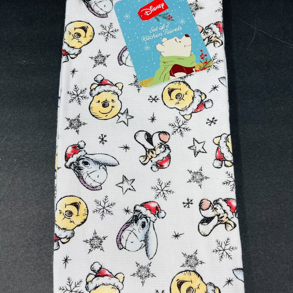 Disney Winnie Pooh 2 Pack Kitchen Hand Towels Christmas Piglet Eeyore Snowflakes